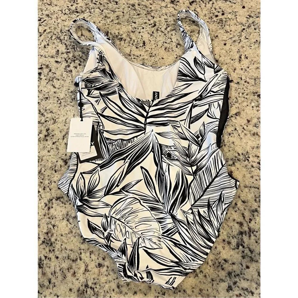 DKNY Women's White Printed Lined Removable Cups Mesh Scoop Neck One Piece Swimsu - Picture 3 of 5